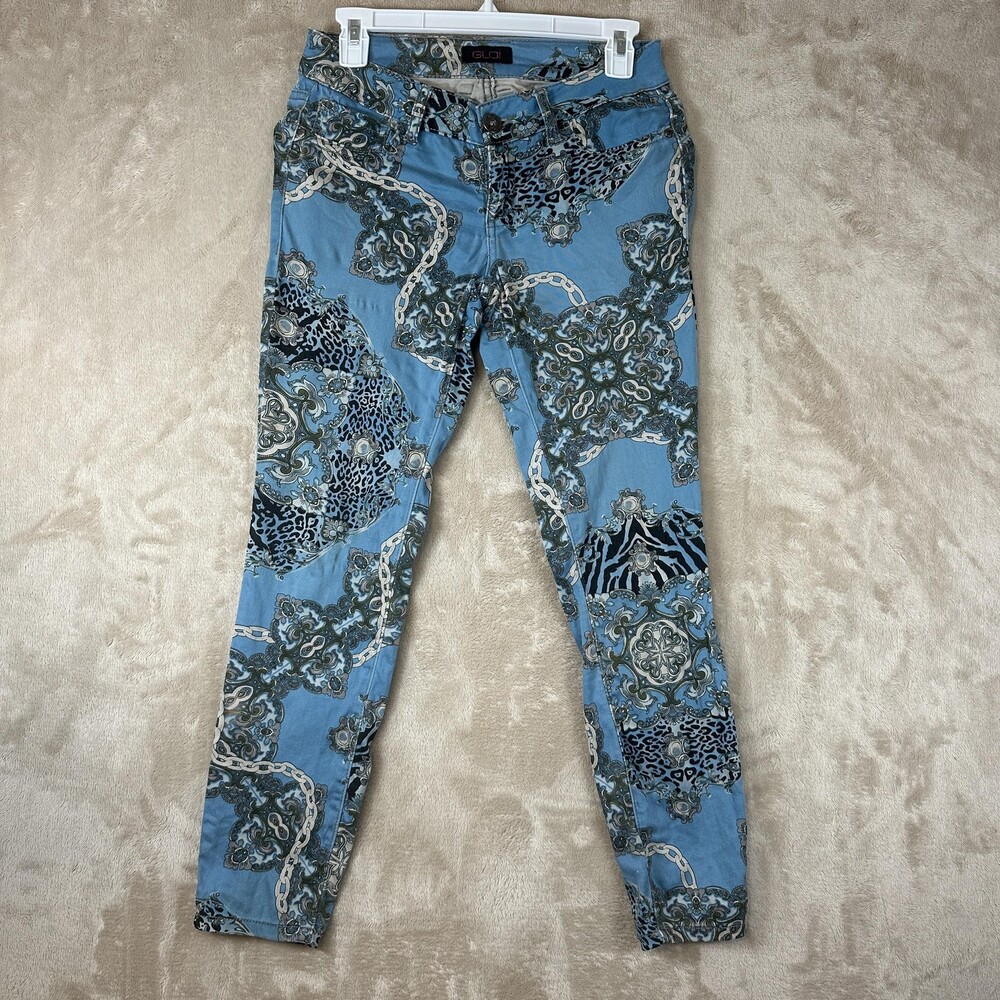GLO Jeans Juniors 1 Blue Low Rise Skinny Animal Print Stretch Denim Pants